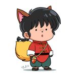  1boy :o acorn animal_ears arms_at_sides black_eyes black_footwear black_hair braid braided_ponytail chibi chibi_only chinese_clothes copy_ability cosplay disguise fox_ears fox_tail full_body green_pants kitsune_(urusei_yatsura) medium_hair orange_tail pants ranma_1/2 red_shirt saotome_ranma saotome_ranma_(cosplay) shirt signature sleeves_rolled_up tail tangzhuang urusei_yatsura wanta_(futoshi) white_background 