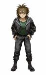  1boy absurdres black_footwear black_jacket black_pants boots brown_hair closed_mouth cross-laced_footwear full_body green_eyes green_shirt hair_between_eyes hands_on_own_hips highres isoi_reiji iuew jacket jewelry lace-up_boots long_sleeves looking_at_viewer male_focus medium_hair necklace open_clothes open_jacket pants saibou_shinkyoku sanpaku shirt simple_background solo white_background 