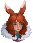  1girl animal_ears aurora_(league_of_legends) boraiolet english_commentary freckles fur_trim glasses green_eyes hair_between_eyes highres league_of_legends long_hair looking_at_viewer orange_hair portrait rabbit_ears round_eyewear sidelocks simple_background smile solo white_background 