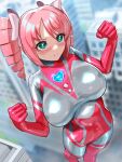  bodysuit building chest_jewel city color_timer colored_skin drill_hair giant giantess green_eyes highres large_buttons light_blush magia_magenta magical_girl mahou_shoujo_ni_akogarete nikunopengin pasties pink_corset pink_hair pink_ribbon red_bodysuit ribbon skin_tight sweat sweatdrop tokusatsu torn_bodysuit torn_clothes twin_drills ultimate_girl ultra_series unofficial_sailor_senshi_uniform white_bodysuit white_skin 