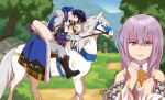 1boy 2girls :/ absurdres armor black_hair blurry blurry_background breastplate brother_and_sister closed_eyes comedy commission commissioner_upload couple fire_emblem fire_emblem:_genealogy_of_the_holy_war hands_on_another&#039;s_face headband hetero highres horse horseback_riding julia_(fire_emblem) kiss larcei_(fire_emblem) leg_lock long_hair looking_at_viewer multiple_girls purple_tunic reins riding rock rs40uchiha saddle seliph_(fire_emblem) short_hair shoulder_armor siblings straddling trail tree tunic upright_straddle white_headband white_horse