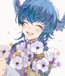  1girl ^_^ blue_hair closed_eyes final_fantasy final_fantasy_xiv flower head_wings highres holding holding_flower meteion nonoff14 open_mouth portrait short_hair simple_background solo white_background white_flower wings 