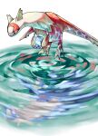  closed_eyes different_reflection highres holding_orb latias latios midair no_humans pokemon pokemon_(creature) red_wings reflection ripples sad sake_maguro white_background wings 