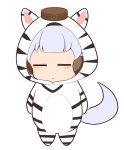  1girl :o animal_costume animal_ears animal_print blush_stickers brown_hat chibi closed_eyes ear_covers facing_viewer fake_animal_ears full_body gold_ship_(umamusume) gomashio_(goma_feet) grey_hair hat hood hood_up horse_tail mini_hat parted_lips simple_background solo standing tail umamusume white_background zebra_costume zebra_ears zebra_print 