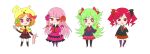  +_+ 4girls :3 :p animal_ear_headwear black_bow black_socks black_suit black_thighhighs blush_stickers bow bowtie braid capelet charlotte_(witch&#039;s_heart) chibi dress drill_hair gloves green_bow green_hair hair_bow hair_ornament hair_ribbon hand_on_own_chest hand_on_own_chin holding holding_scissors jitome leg_up lime_(witch&#039;s_heart) long_hair moon-realm multiple_girls necktie orange_footwear orange_hair pink_bow pink_dress pink_eyes pink_footwear pink_gloves pink_hair pink_ribbon plaid plaid_bow plaid_necktie plaid_skirt pleated_skirt puffy_short_sleeves puffy_sleeves red_bow red_bowtie red_eyes red_footwear red_ribbon red_shirt red_skirt redhead ribbon rouge_(witch&#039;s_heart) scissors shirt short_hair short_sleeves simple_background skirt smile smug socks suit swept_bangs thigh-highs tongue tongue_out twin_braids twintails white_background witch&#039;s_heart x_hair_ornament yellow_capelet yellow_hat zizel_(witch&#039;s_heart) 