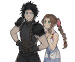  1boy 1girl aerith_gainsborough armor belt black_gloves black_hair blue_eyes braid braided_ponytail brown_hair crisis_core_final_fantasy_vii dress final_fantasy final_fantasy_vii gloves green_eyes hair_ribbon ivy60530 long_dress long_hair multiple_belts parted_bangs pink_ribbon ribbon shirt short_hair shoulder_armor sidelocks sleeveless sleeveless_turtleneck smile spiky_hair suspenders turtleneck zack_fair 