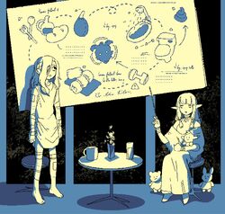  1boy 1girl bags_under_eyes bandaged_arm bandaged_head bandaged_leg bandages cup diagram doll dungeon_meshi elf flower gapamopa hair_over_one_eye highres holding long_hair low-tied_sidelocks milsiril_(dungeon_meshi) mithrun oekaki pointy_ears puppet shawl sitting standing stool stuffed_animal stuffed_toy table tunic vase 