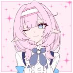  1girl blue_eyes closed_mouth commentary_request elysia_(honkai_impact) hair_between_eyes hairband highres honkai_(series) honkai_impact_3rd koyoi_yyyoi long_hair looking_at_viewer one_eye_closed pink_background pink_hair pointy_ears solo star_(symbol) upper_body 
