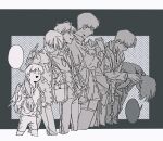  6+boys arm_around_neck backpack bag black_background blunt_ends blush buttons character_request chinese_commentary closed_eyes closed_mouth collared_jacket collared_shirt commentary_request cropped_legs frown gakuran greyscale grin high_collar jacket kageyama_shigeo layered_sleeves leaning_forward letterboxed male_focus mob_psycho_100 monochrome multiple_boys multiple_girls outside_border pants pen school_bag school_uniform shirt short_hair short_sleeves shorts simple_background smile speech_bubble strap_pull the1111255 