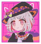  1girl :&gt; absurdres animal_ears black_dress black_hat blush bolo_tie border bow cat_ears colored_inner_hair drawn_ears drawn_heart drawn_whiskers dress empty_eyes green_bow grey_hair halloween_costume hat hat_ribbon heart highres idol_clothes inset_border link!_like!_love_live! love_live! multicolored_hair nagisa_iori orange_hat orange_ribbon outline pink_background pink_bow portrait purple_ribbon red_eyes redhead ribbon short_hair smile solo split_mouth streaked_hair trick_&amp;_cute_(love_live!) two-tone_bow two-tone_hair two-tone_hat two-tone_ribbon virtual_youtuber white_border white_outline witch_hat yugiri_tsuzuri 