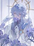  1boy bird_wings blue_hair chinese_commentary commentary_request covered_mouth feathered_wings flower gloves hair_between_eyes halo halo_behind_head hand_up head_wings highres holding holding_flower honkai:_star_rail honkai_(series) jacket long_sleeves longyoushuangruozhui looking_at_viewer male_focus medium_hair purple_flower solo sunday_(honkai:_star_rail) turtleneck upper_body white_gloves white_jacket wings yellow_eyes 