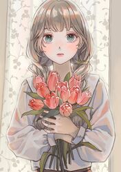  1girl blue_eyes blush braid expressionless flower grey_hair gucheng_jianglixiang highres holding holding_flower long_hair long_sleeves looking_at_viewer original solo tulip twin_braids 