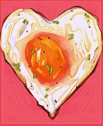  analogous_colors border breakfast chives colorful egg egg_(food) egg_yolk film_grain food food_focus fried_egg hatching_(texture) heart heart-shaped_food highres inset_border no_humans original pepper_(spice) pink_background quezify red_border simple_background still_life vegetable yellow_border 