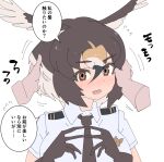  1girl bird_girl bird_wings black_hair blonde_hair blush brown_eyes brown_gloves brown_hair brown_necktie collared_shirt disembodied_limb epaulettes gloves hair_between_eyes hand_in_another&#039;s_hair head_wings highres kemono_friends multicolored_hair necktie nishuu_miri peregrine_falcon_(kemono_friends) shirt short_hair short_sleeves sidelocks t-shirt translation_request upper_body white_hair white_shirt wings 
