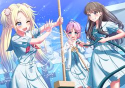  3girls :d ;d ahoge anyoji_hime blonde_hair blue_dress blue_eyes blue_hair blue_sky blunt_bangs blush breast_pocket broom brown_hair chain-link_fence cleaning clouds commentary_request dated dress dutch_angle empty_pool fang fence flower fujishima_megumi gradient_hair green_neckerchief grin hair_flower hair_intakes hair_ornament hampem7 hasu_no_sora_school_uniform highres holding holding_broom holding_hose hood hooded_jacket hose jacket light_blue_hair link!_like!_love_live! long_hair long_sleeves looking_at_another love_live! mira-cra_park! multicolored_hair multiple_girls neckerchief one_eye_closed open_clothes open_jacket open_mouth osawa_rurino outdoors parted_bangs partial_commentary pink_flower pink_hair pleated_dress pocket pool puffy_short_sleeves puffy_sleeves red_neckerchief sailor_collar sailor_dress school_uniform short_sleeves sidelocks signature sky smile standing summer_uniform swept_bangs teeth twintails twitter_username two_side_up upper_teeth_only violet_eyes virtual_youtuber water wet wet_clothes wet_dress white_jacket white_sailor_collar yellow_neckerchief 