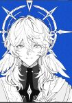  1boy blue_background closed_mouth earrings greyscale hair_between_eyes halo head_wings honkai:_star_rail honkai_(series) jewelry looking_at_viewer male_focus mare6ns medium_hair monochrome portrait shirt solo sunday_(honkai:_star_rail) wings 