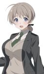  1girl breasts cardigan green_necktie grey_jacket highres huet-pc jacket large_breasts looking_at_viewer lynette_bishop military_uniform necktie open_mouth ponytail shirt simple_background smile solo uniform upper_body white_background white_shirt 