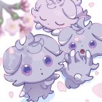  :o animal_focus blue_pupils blurry blurry_foreground branch cherry_blossoms closed_eyes espurr flower highres lying no_humans omochi_(omotimotittona3) on_back on_stomach open_mouth petals pink_flower pokemon pokemon_(creature) standing u_u violet_eyes 
