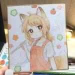  156m 1girl absurdres ahoge animal_ear_fluff animal_ears apron blonde_hair brown_eyes chopsticks closed_mouth food-themed_background fox_ears fox_girl fox_tail highres holding holding_chopsticks looking_at_viewer low_twintails medium_hair original red_apron shikishi shirt short_sleeves solo t-shirt tail traditional_media twintails upper_body white_shirt 
