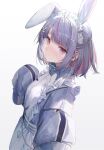  1girl animal_ears arl blush closed_mouth frills grey_hair hair_ornament hairclip highres jacket long_sleeves looking_at_viewer multicolored_hair purple_hair rabbit_ears sleeves_past_fingers sleeves_past_wrists solo streaked_hair tosaki_mimi twintails violet_eyes virtual_youtuber vspo! white_background 