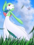  1girl absurdres arm_at_side arm_up blue_sky blurry blurry_foreground bob_cut clouds colored_skin commentary_request day dragon flat_chest from_below full_body gardevoir grass green_hair green_skin hair_over_one_eye highres kihada_magulo looking_back looking_up multicolored_skin one_eye_covered open_mouth outdoors partial_commentary pokemon pokemon_(creature) red_eyes salamence short_hair sky solo_focus standing two-tone_skin white_skin wind 