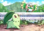  chikorita closed_mouth clouds commentary_request day hill kotobukkii_(yt_lvlv) no_humans outdoors pokemon pokemon_(creature) rowlet sky smile standing traffic_barrier walking 