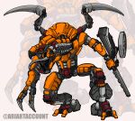  absurdres ariartaccount arm_blade bionicle claws english_commentary highres looking_at_viewer mecha open_mouth red_eyes robot sentrakh_(bionicle) the_lego_group tongue tongue_out twitter_username weapon zoom_layer 