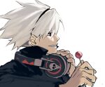  1boy black_shirt candy commentary_request earphones_removed food highres holding holding_candy holding_food holding_lollipop lollipop looking_ahead ma0ma0_0 male_focus profile sharp_teeth shirt short_hair simple_background solo soul_eater soul_evans teeth upper_body white_background white_hair 