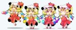  ascot blonde_hair chibi closed_mouth fang fang_out flandre_scarlet four_of_a_kind_(touhou) frilled_sleeves frills full_body happy hat hat_ribbon highres holding medium_hair mob_cap multicolored_wings one_side_up open_mouth puffy_short_sleeves puffy_sleeves red_eyes red_footwear red_ribbon red_skirt red_vest ribbon ribbon-trimmed_headwear ribbon_trim shirt short_sleeves skirt smile socks tomato_chip touhou vest white_background white_hat white_shirt white_socks wings yellow_ascot 