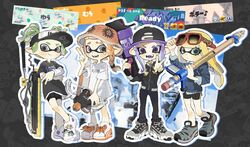  .52_gal_(splatoon) 4girls baseball_cap black_hat black_pants black_shirt blonde_hair bow_(weapon) bucket_hat commentary_request cross-laced_footwear crossed_arms eyebrow_cut eyewear_on_head green_eyes green_hair grey_eyes gun hat highres holding holding_bow_(weapon) holding_gun holding_weapon inkling inkling_girl inkling_player_character korean_commentary long_hair looking_at_viewer medium_hair multiple_girls octoling octoling_girl octoling_player_character orange_hair pants pencil pointy_ears print_headwear print_shirt purple_hair red-framed_eyewear reef-lux_450_(splatoon) shirt shoes short_hair snipewriter_(splatoon) splashtag_(splatoon) splatana_wiper_(splatoon) splatoon_(series) splatoon_3 standing sunglasses sword tearing_up tentacle_hair v violet_eyes visor_cap weapon white_footwear white_shirt yabi_(akfkzkcl) 