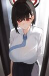  1girl black_hair blue_archive blush breasts hair_ornament hairclip halo highres large_breasts mukana_meme necktie parted_lips pleated_skirt red_eyes ringed_eyes rio_(blue_archive) school_uniform short_hair skirt solo 