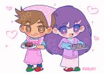  1boy 1girl apron aqua_mittens aqua_shirt artist_name asymmetrical_footwear baking_sheet bed_sheet blue_pants blush bright_pupils brown_eyes brown_hair buttons cardigan chibi chibi_only closed_mouth collared_shirt cookie dark-skinned_male dark_skin food frilled_apron frills full_body green_footwear hair_behind_ear hair_between_eyes heart hero_(faraway)_(omori) hero_(omori) holding holding_plate holding_sheet long_hair long_skirt long_sleeves looking_at_viewer mari_(faraway)_(omori) mari_(omori) maromichan mismatched_footwear mittens official_alternate_costume omori open_mouth pants pink_apron pink_skirt plate purple_cardigan purple_hair red_footwear shirt short_hair short_sleeves skirt slippers smile sparkle standing t-shirt tongue tongue_out violet_eyes white_background white_pupils white_shirt 