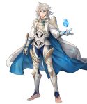  1boy armor barefoot blue_cape blue_pants cape corrin_(fire_emblem) corrin_(male)_(hoshido_noble)_(fire_emblem) dragonstone fire_emblem fire_emblem_fates fire_emblem_heroes gauntlets grey_hair highres looking_at_viewer non-web_source official_alternate_costume official_art pants pointy_ears red_eyes rope shimenawa solo tachi-e white_armor white_cape 