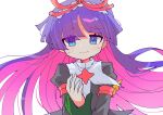  1girl absurdres blue_eyes blunt_bangs blush closed_mouth disembodied_limb feli_(puyopuyo) highres long_hair long_sleeves offbeat purple_hair puyopuyo simple_background smile solo sweat white_background 