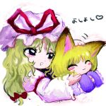  2girls ^_^ animal_ears blonde_hair blue_eyes blush_stickers bow closed_eyes closed_mouth fox_ears fox_girl hair_bow hand_on_another&#039;s_head hands_in_opposite_sleeves hat hat_ribbon headpat long_hair long_sleeves looking_at_another mob_cap multiple_girls no_headwear open_mouth red_bow red_ribbon ribbon smile touhou upper_body yakumo_ran yakumo_yukari yakumora_n 