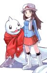  1girl black_socks blue_coat boots brown_eyes brown_hair clothed_pokemon coat dewgong highres leaf_(pokemon) long_hair long_sleeves open_mouth pokemon pokemon_(creature) pokemon_frlg red_scarf red_skirt scarf shiozuke skirt socks white_footwear white_hat 