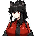  1girl absurdres animal_ear_fluff animal_ears arknights black_hair black_necktie black_outline breasts closed_mouth collared_shirt commentary_request expressionless highres large_breasts looking_at_viewer medium_hair necktie off_shoulder official_alternate_costume outline ponytail red_eyes red_shirt shirt sidelocks simple_background solo split_mouth texas_(arknights) texas_(willpower)_(arknights) upper_body white_background wolf_ears wolf_girl xibu_cai 