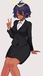  1girl absurdres agame-san_(agamemega) agamemega ahoge arm_support arm_up blonde_hair blue_hair blush breasts buttons collared_shirt dark-skinned_female dark_blue_hair dark_skin glasses hair_between_eyes halo highres jacket long_sleeves looking_at_viewer multicolored_hair office_lady open_mouth original rectangular_halo shirt short_hair simple_background sitting skirt solo streaked_hair suit_jacket tongue v white_background white_shirt yellow_eyes 