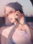  1boy arm_up car_interior cellphone eunho_(plave) hair_between_eyes highres holding holding_phone male_focus parted_bangs parted_lips phone plave profile red_eyes shirt sitting solo upper_body watch watch white_hair white_shirt yum_606 