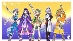  2girls 3boys alolan_raichu aria_pkmn bare_shoulders blonde_hair blue_eyes blue_hair blue_pants blue_wristband bracelet bridal_gauntlets brown_hair clothing_cutout cosplay crescent dark-skinned_male dark_skin decidueye decidueye_(cosplay) dress elio_(pokemon) gladion_(pokemon) gloves goggles goggles_on_head grey_eyes grey_hair hat hau_(pokemon) headband headphones highres jewelry lillie_(pokemon) long_hair looking_at_viewer lunala lunarhanaa multicolored_background multiple_boys multiple_girls navel off-shoulder_shirt off_shoulder one_eye_closed open_mouth orange_shirt pants pink-tinted_eyewear pokemon pokemon_sm popplio precure purple_background purple_dress purple_gloves purple_hair red_eyes rowlet rowlet_(cosplay) selene_(pokemon) shirt short_hair silvally sleeveless smile stomach_cutout sun sun_symbol sunglasses sword tinted_eyewear translation_request unofficial_precure_costume violet_eyes weapon yellow_background yellow_eyes 