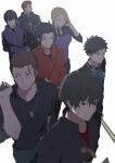  1girl 6+boys black_hair black_shirt blonde_hair blue_eyes brown_hair character_request closed_mouth collared_shirt facial_hair goatee highres jacket konami_kirie multiple_boys red_jacket shirt short_hair smile spiky_hair track_jacket world_trigger yawai_tofu 