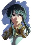  1girl :o aduti_momoyama armor black_hair breastplate cowlick earrings fire_emblem fire_emblem:_genealogy_of_the_holy_war hair_between_eyes highres jewelry larcei_(fire_emblem) looking_to_the_side open_mouth purple_tunic short_hair shoulder_armor sidelocks simple_background solo tunic upper_body 
