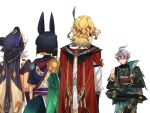  4boys ahoge alhaitham_(genshin_impact) animal_ears arm_at_side arm_up arms_at_sides black_hair blonde_hair book boots cape colored_inner_hair colored_tips commentary_request covered_eyes covering_own_eyes crossed_legs cyno_(genshin_impact) eye_mask faceless faceless_male facing_another feather_hair_ornament feathers fingerless_gloves genshin_impact gloves green_hair grey_hair hair_ornament hat head_back highres holding holding_book kaveh_(genshin_impact) long_hair long_sleeves looking_at_another mask multicolored_hair multiple_boys open_book pants shirt short_hair simple_background sleep_mask standing tail tan tighnari_(genshin_impact) two-tone_hair white_background yuka_(pixiv38407039) 