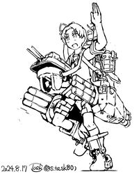  1girl adapted_turret ayanami_(kancolle) cannon full_body kantai_collection lineart monochrome one-hour_drawing_challenge pleated_skirt running sailor_collar sailor_shirt school_uniform serafuku shirt side_ponytail skirt smile smokestack solo task_(s_task80) torpedo_launcher turret waving 