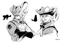  1boy animal cat crossed_arms final_fantasy final_fantasy_xiv greyscale hat hat_feather highres looking_at_viewer male_focus monochrome multiple_views red_mage_(final_fantasy) signature silhouette solo x'rhun_tia yabuka_shiwa 
