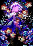  1boy absurdres fate/grand_order fate_(series) flower flower_knot hair_between_eyes highres hooded_robe long_hair long_sleeves looking_at_viewer male_focus merlin_(fate) minayukiinori petals robe solo staff very_long_hair violet_eyes white_hair white_robe 