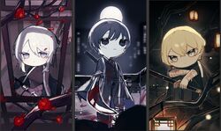  1girl 2boys black_coat black_eyes black_hair blade_lineage_(identity)_(project_moon) blonde_hair blood blood_on_clothes blue_eyes branch closed_mouth coat coat_on_shoulders falling_petals faust_(project_moon) flower highres holding holding_sword holding_weapon katana lantern limbus_company looking_at_viewer multiple_boys petals plum_blossoms pointing pointing_at_viewer project_moon red_flower short_hair sinclair_(project_moon) sword weapon white_hair xnol_xaxl yellow_eyes yi_sang_(project_moon) 