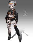  1girl absurdres armor arms_at_sides artist_name belt belt_pouch breasts commentary_request cyborg full_body gradient_background grey_background grey_hair headgear highres looking_at_viewer medium_breasts orange_eyes original pouch science_fiction shadow short_hair single_thighhigh solo soruto_0w98e standing thigh-highs two-tone_background variant_set white_background 