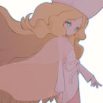  1girl blonde_hair blue_eyes caitlin_(pokemon) cape dress from_side hat highres long_hair long_sleeves noi_(noi_pk27) parted_bangs parted_lips pink_dress pink_hat pokemon pokemon_bw see-through_cape solo very_long_hair white_background 