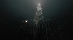  commentary_request deep_sea extra_arms extra_eyes gradient_background highres horror_(theme) kohata_(kohatazuke) light monster monster_focus ocean original science_fiction submarine tentacles watercraft 